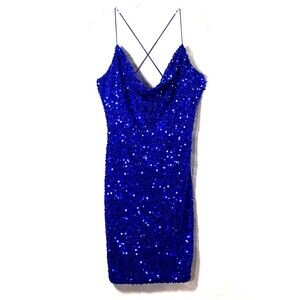 Windsor Sequin Bodycon Mini Dress Womens Size Large Royal Blue Strappy Lined